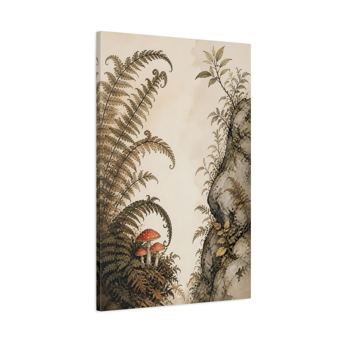 Main Mockup. Red Toadstools Beneath Ferns shown as canvas print
