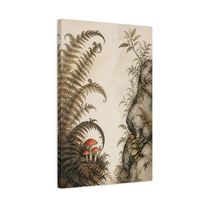 Side Mockup 3. Red Toadstools Beneath Ferns shown as canvas print