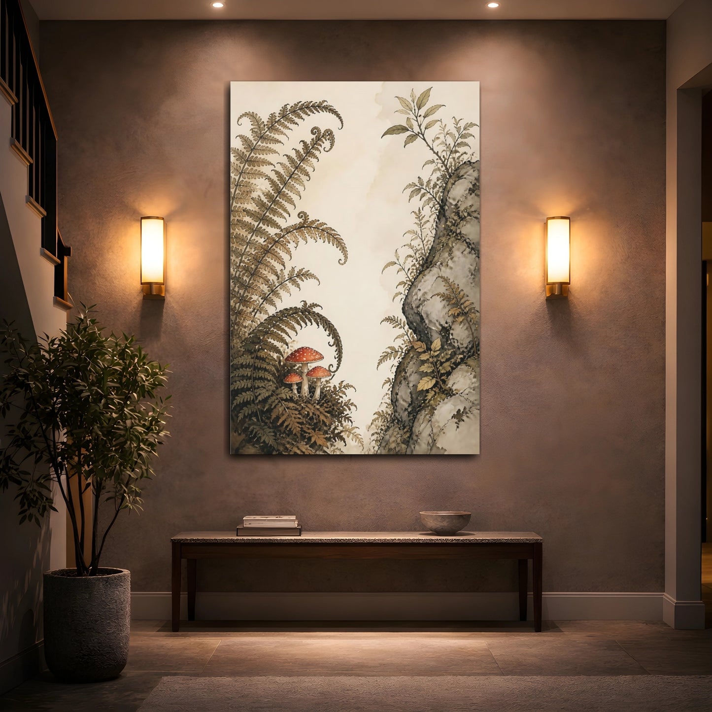 Mockup 2. Red Toadstools Beneath Ferns shown as canvas print