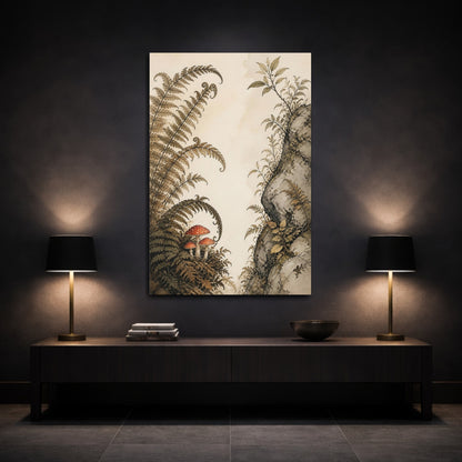 Mockup 3. Red Toadstools Beneath Ferns shown as canvas print