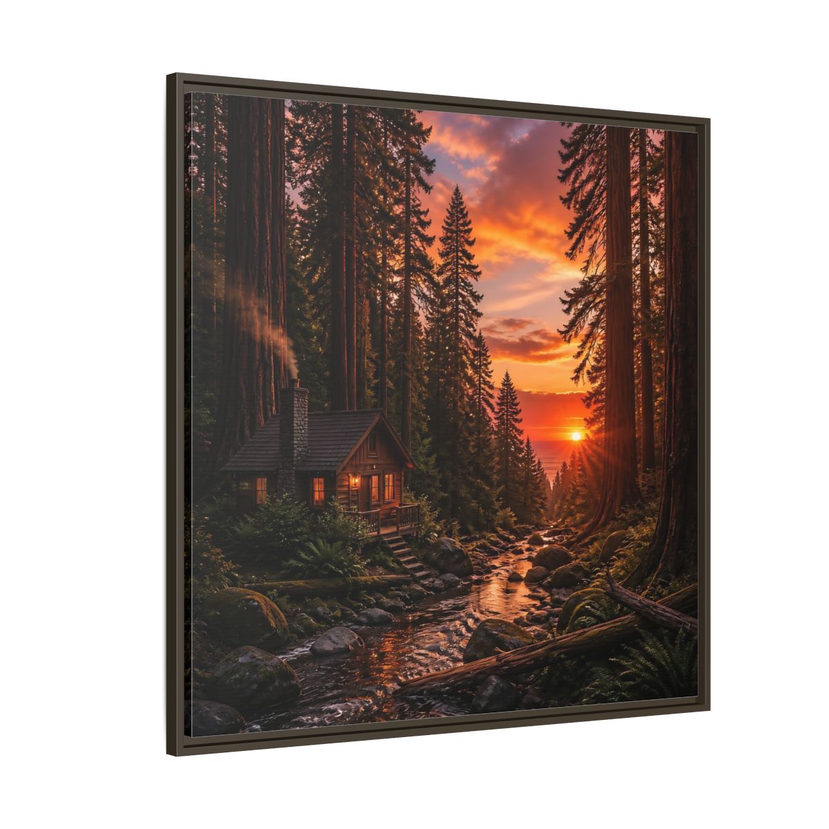 Side Mockup 5. Redwood Cabin Landscape shown as framed canvas print