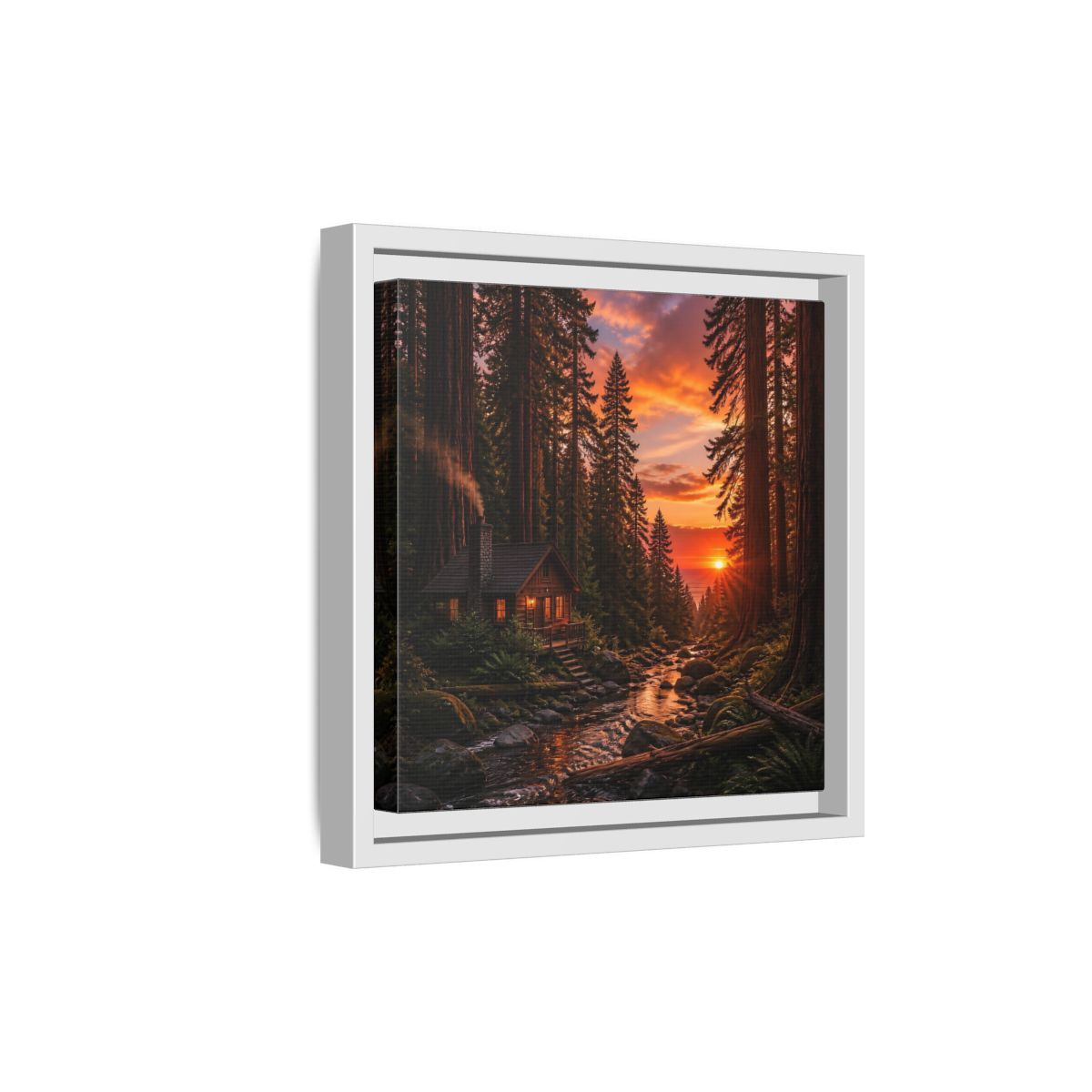 Side Mockup 19. Redwood Cabin Landscape shown as framed canvas print