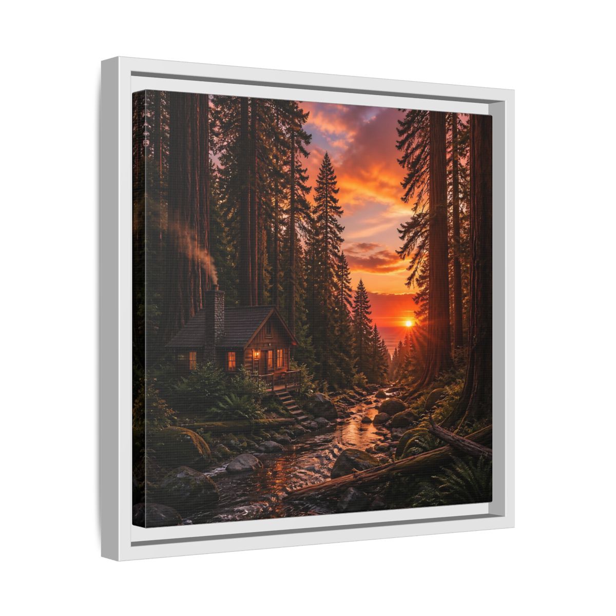 Side Mockup 28. Redwood Cabin Landscape shown as framed canvas print