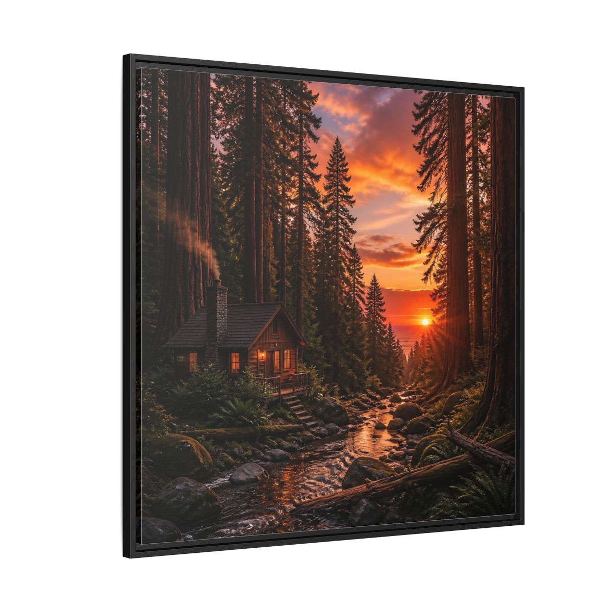 Side Mockup 6. Redwood Cabin Landscape shown as framed canvas print