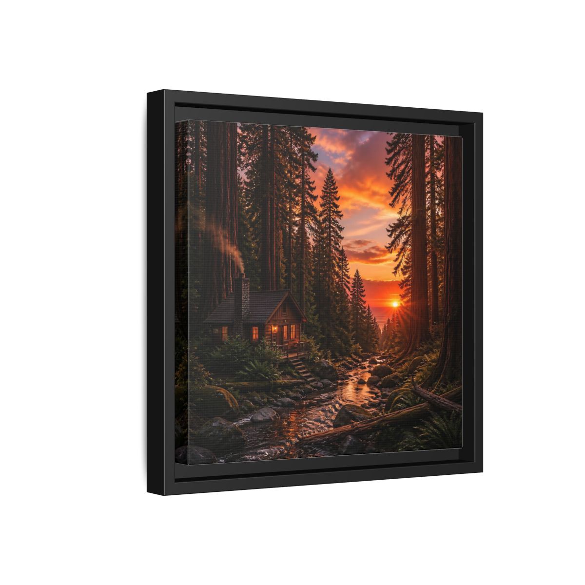 Side Mockup 18. Redwood Cabin Landscape shown as framed canvas print