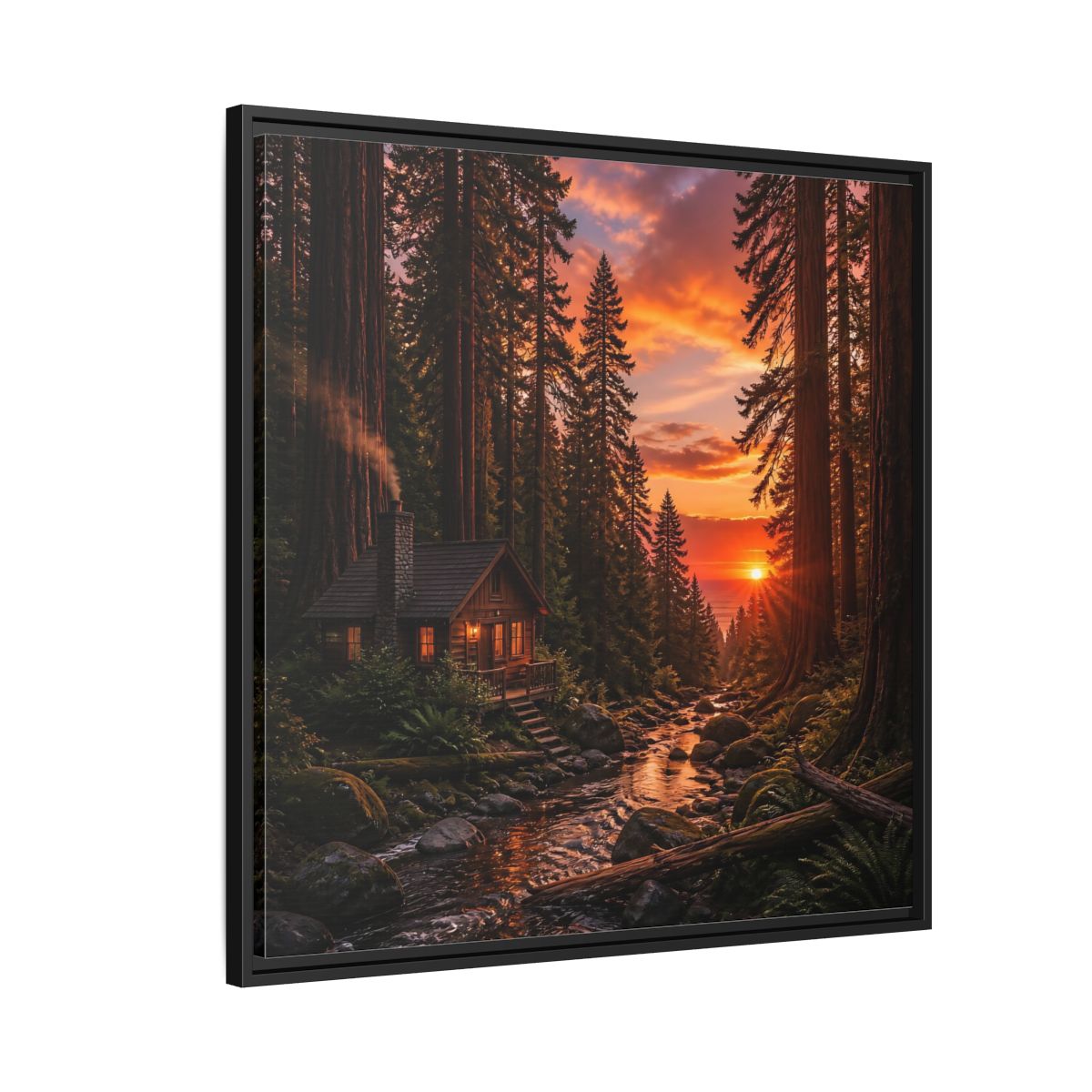 Side Mockup 9. Redwood Cabin Landscape shown as framed canvas print