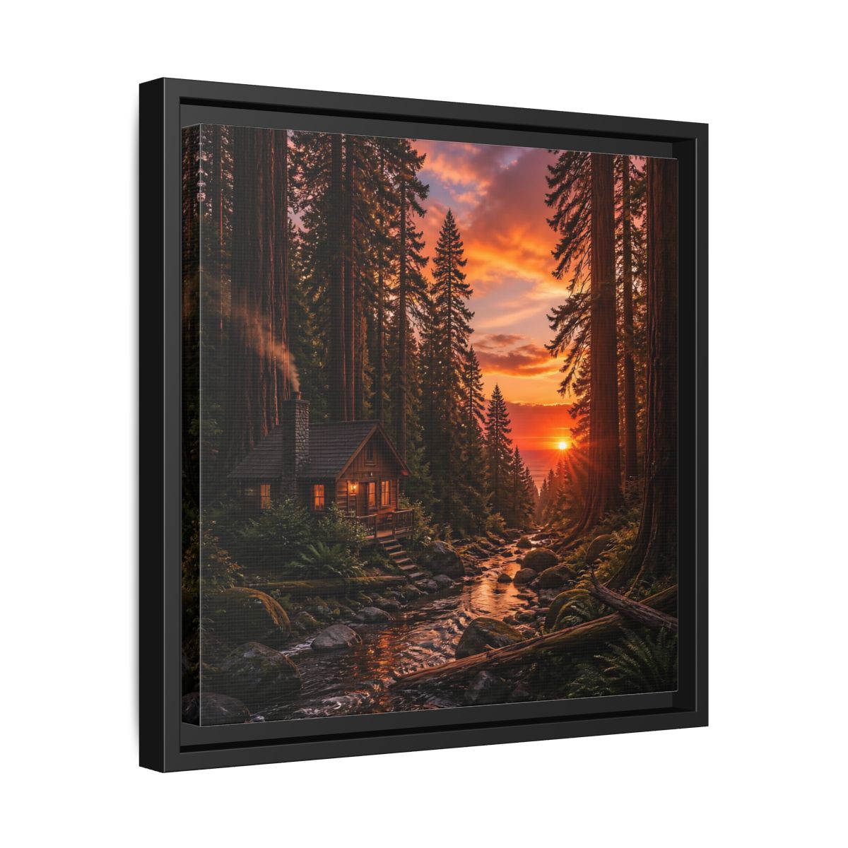 Side Mockup 32. Redwood Cabin Landscape shown as framed canvas print