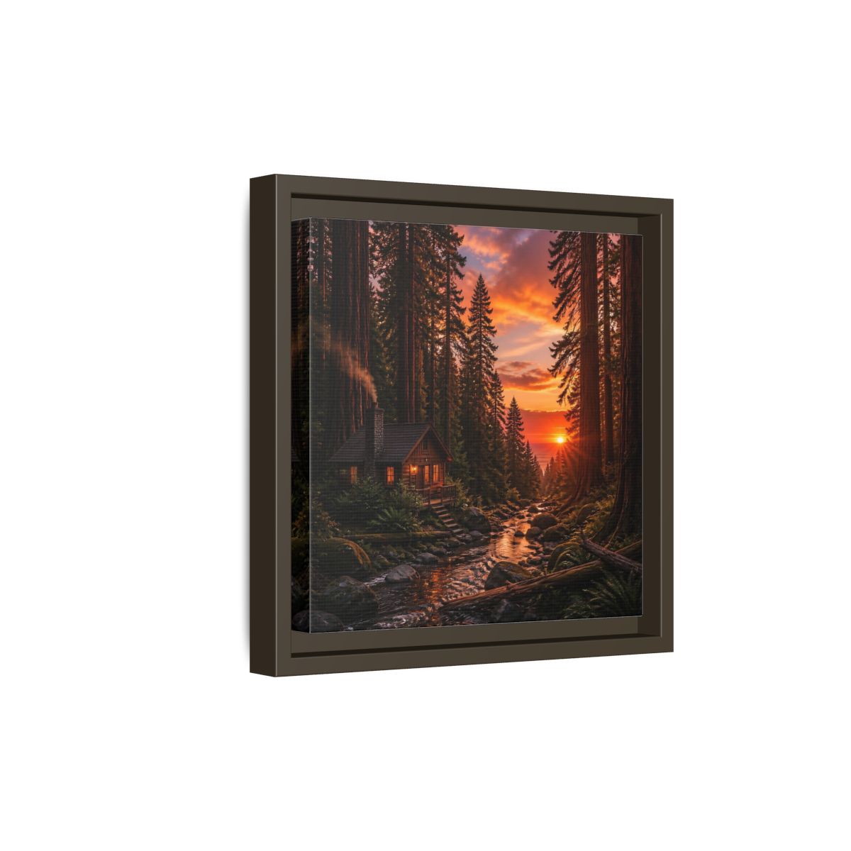 Side Mockup 20. Redwood Cabin Landscape shown as framed canvas print