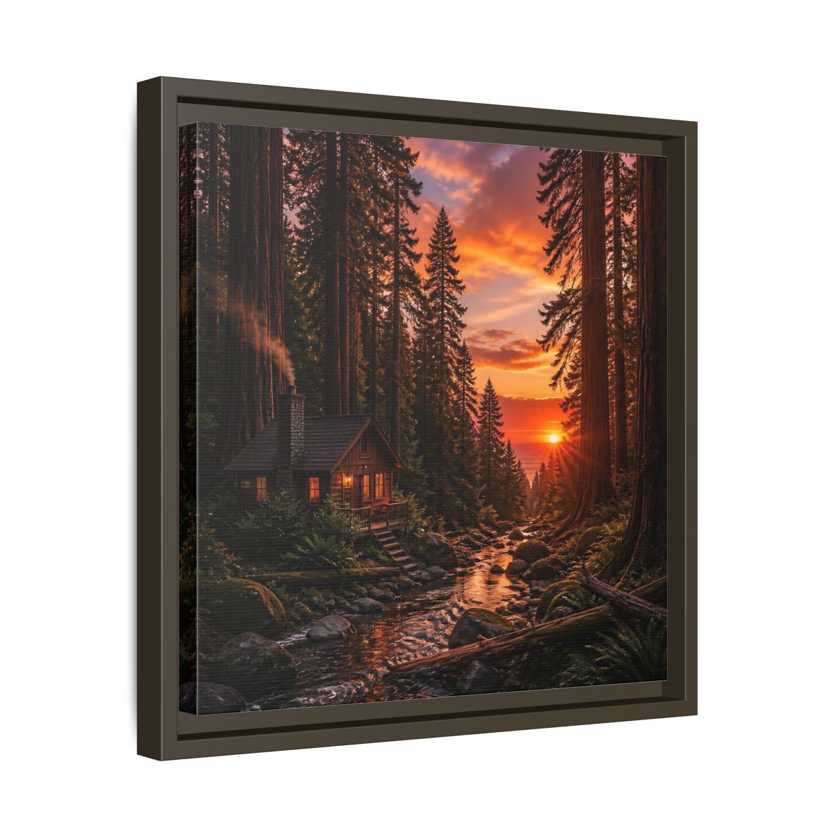 Side Mockup 29. Redwood Cabin Landscape shown as framed canvas print