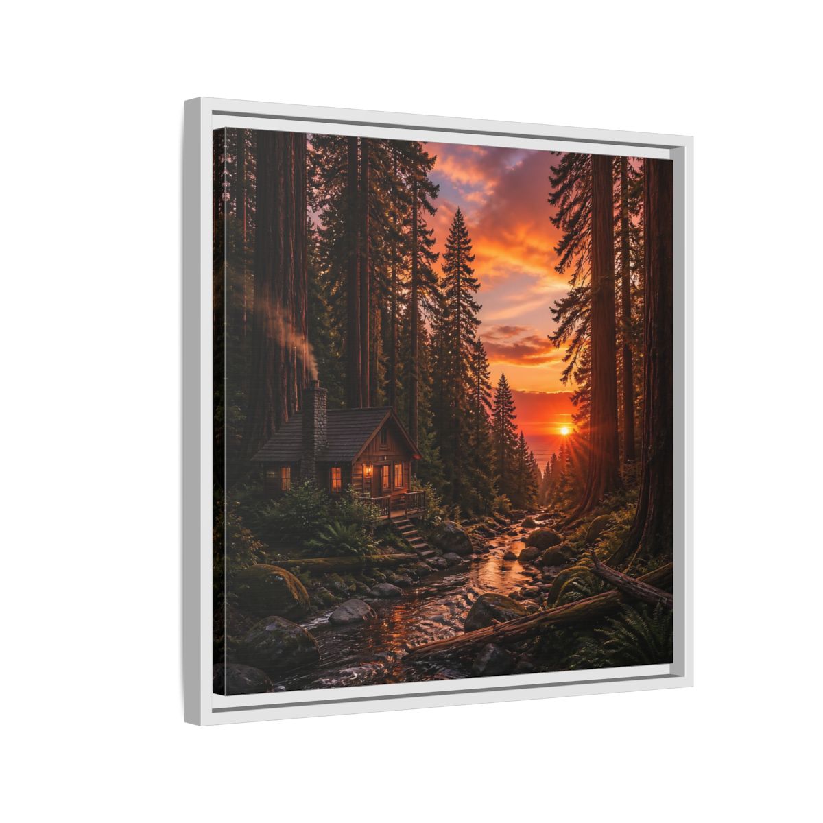 Side Mockup 10. Redwood Cabin Landscape shown as framed canvas print