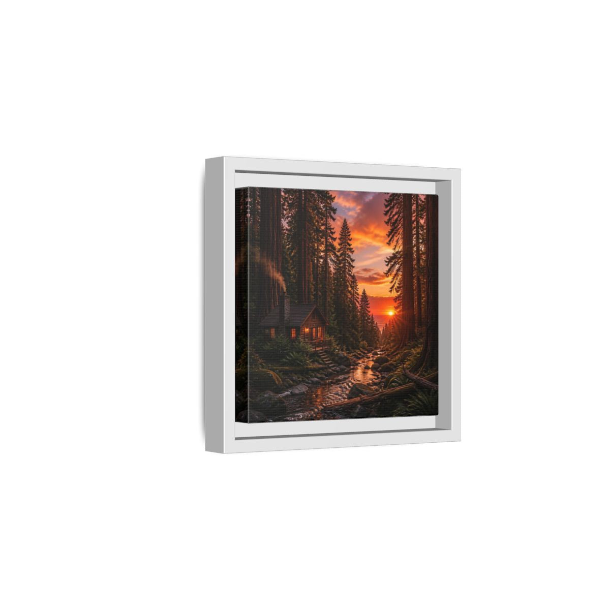 Side Mockup 1. Redwood Cabin Landscape shown as framed canvas print