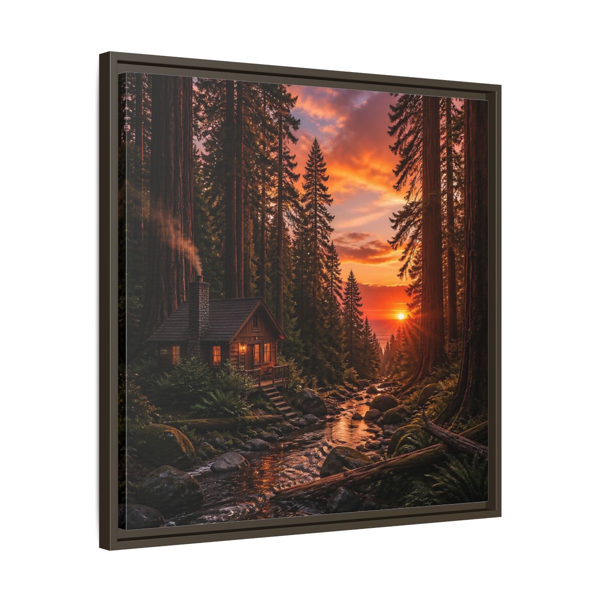 Side Mockup 27. Redwood Cabin Landscape shown as framed canvas print