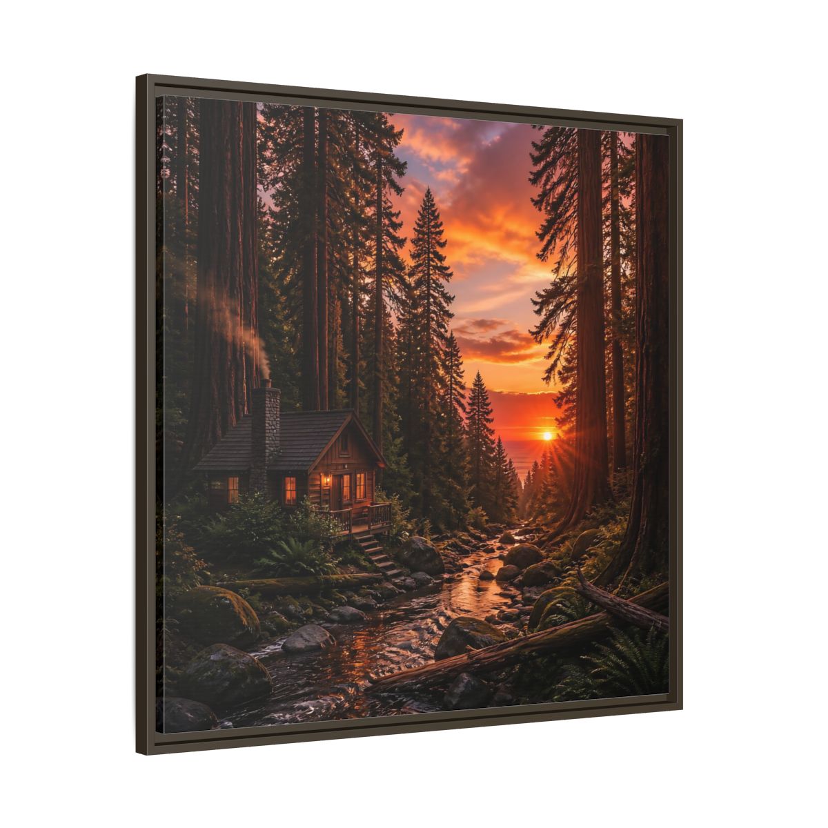 Main Mockup. Redwood Cabin Landscape shown as framed canvas print