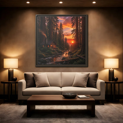 Mockup 2. Redwood Cabin Landscape shown as framed canvas print
