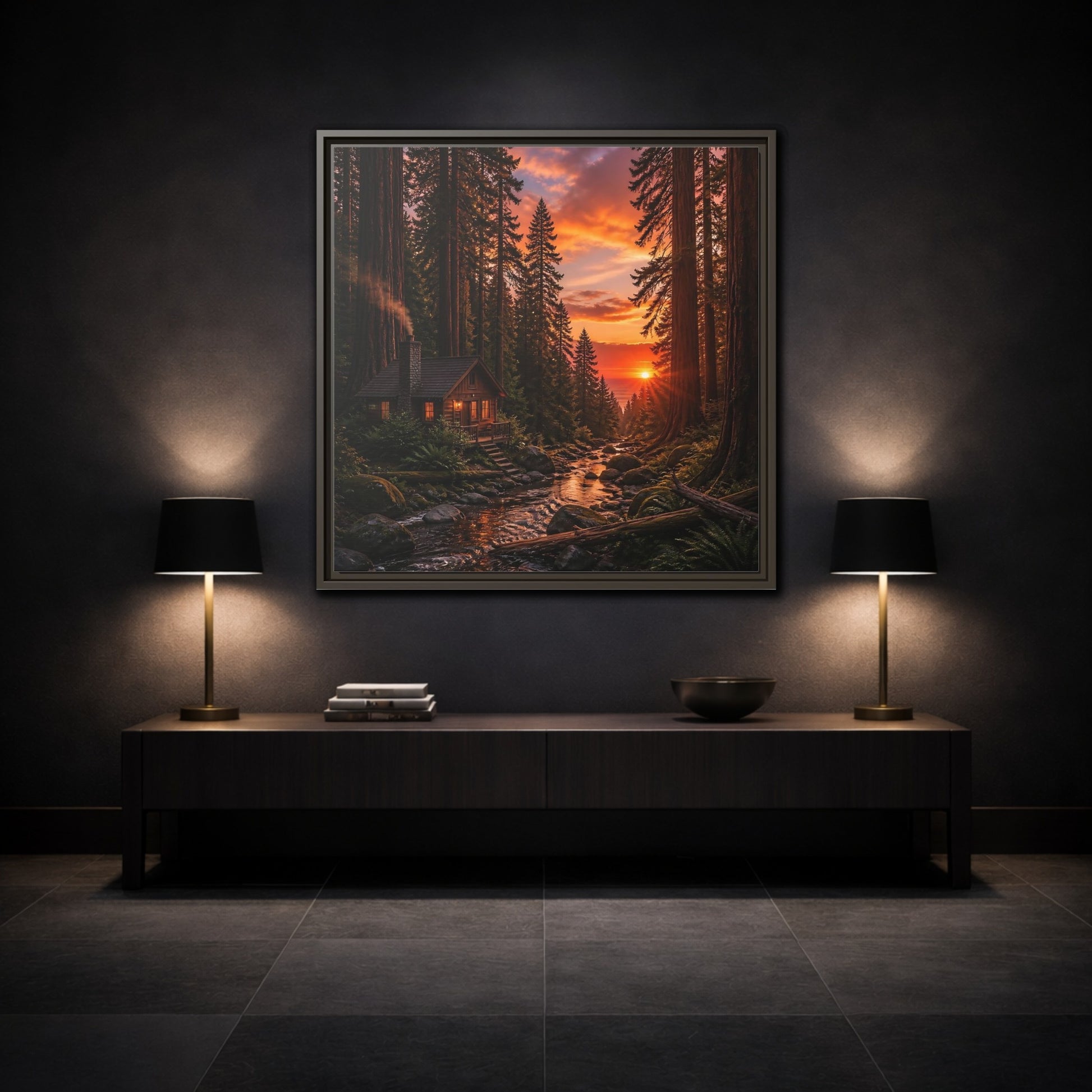 Mockup 3. Redwood Cabin Landscape shown as framed canvas print