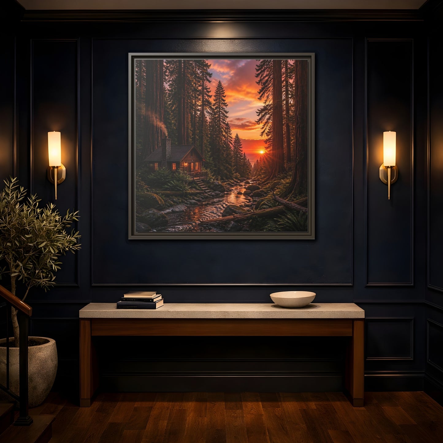 Mockup 4. Redwood Cabin Landscape shown as framed canvas print