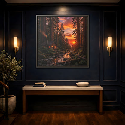 Mockup 4. Redwood Cabin Landscape shown as framed canvas print