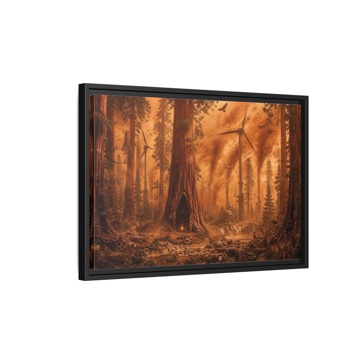 Side Mockup 3. Redwood Sandstorm And Windmills shown as framed canvas print