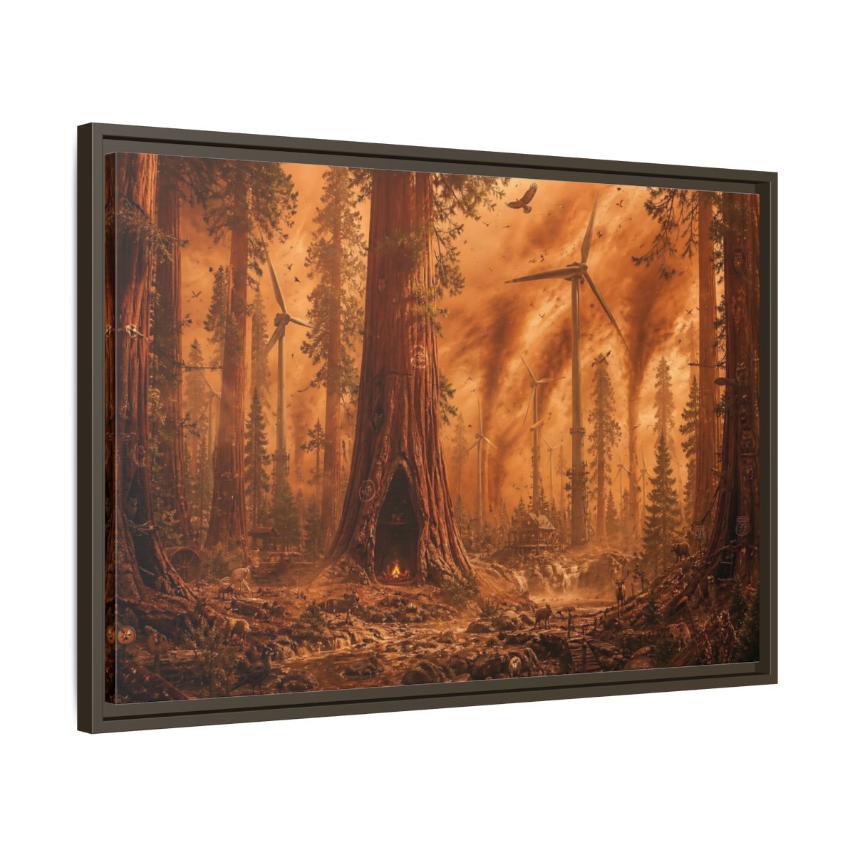 Side Mockup 11. Redwood Sandstorm And Windmills shown as framed canvas print