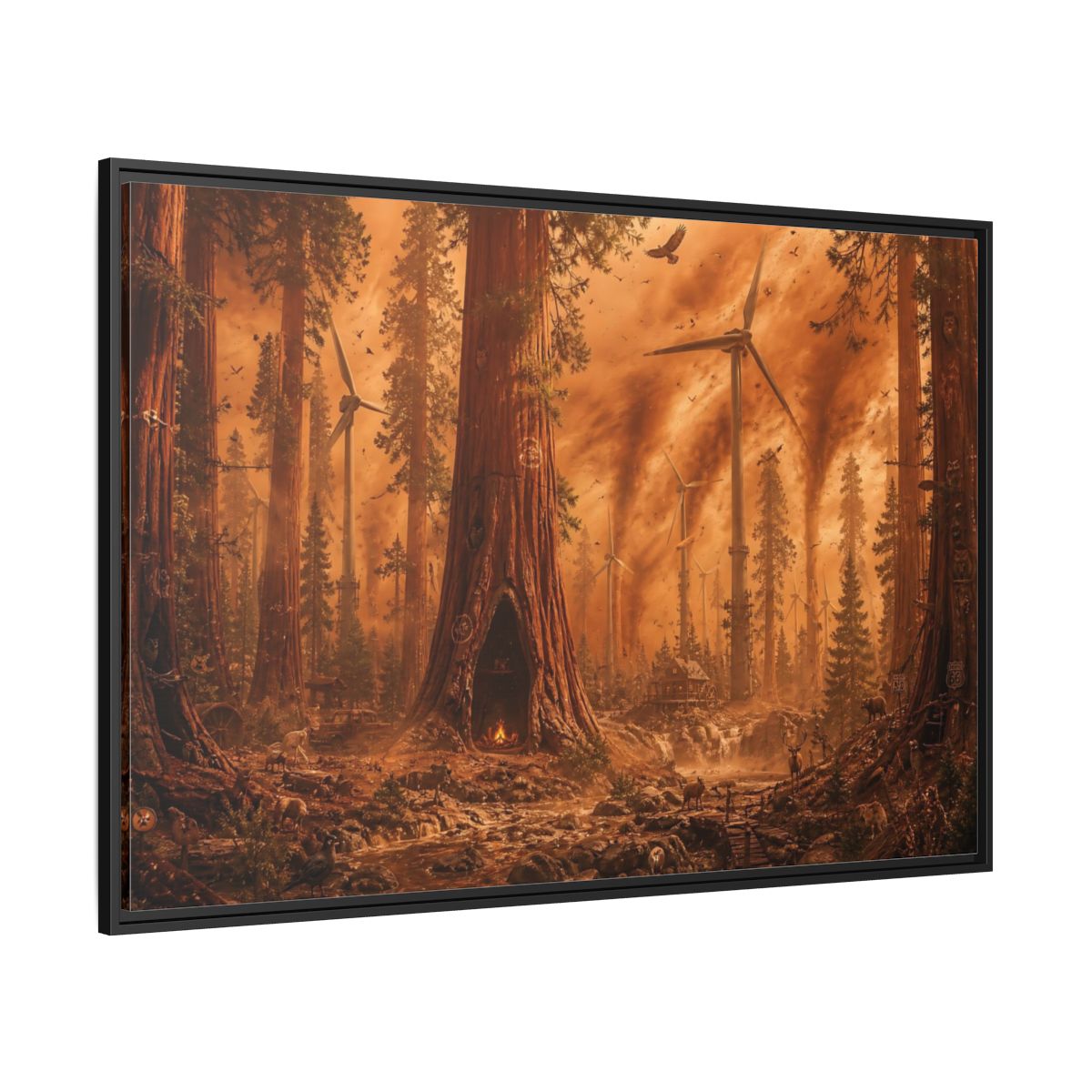 Side Mockup 12. Redwood Sandstorm And Windmills shown as framed canvas print