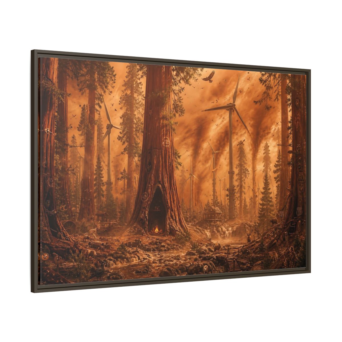 Side Mockup 8. Redwood Sandstorm And Windmills shown as framed canvas print