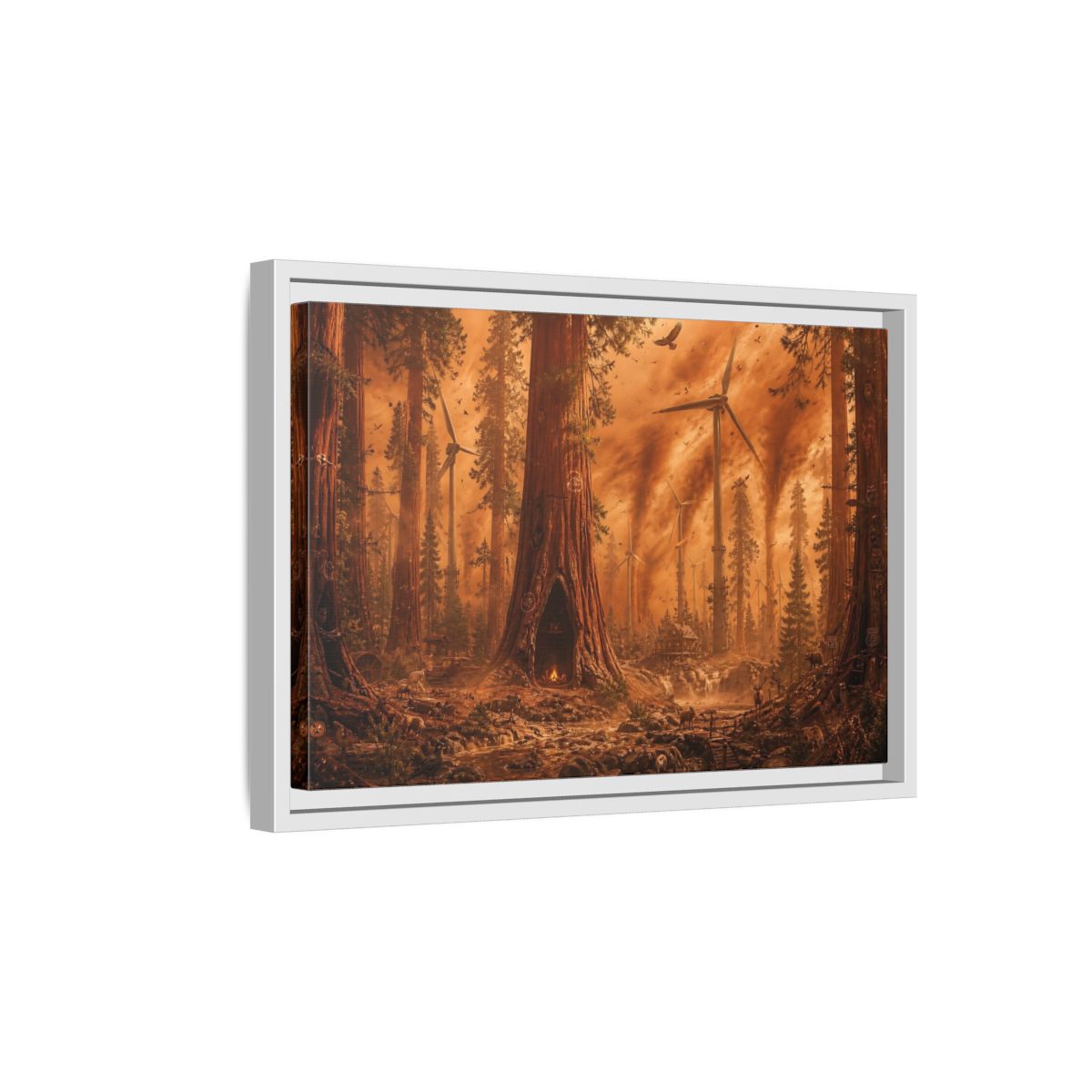 Side Mockup 4. Redwood Sandstorm And Windmills shown as framed canvas print
