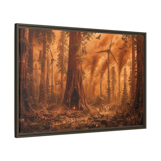 Main Mockup. Redwood Sandstorm And Windmills shown as framed canvas print