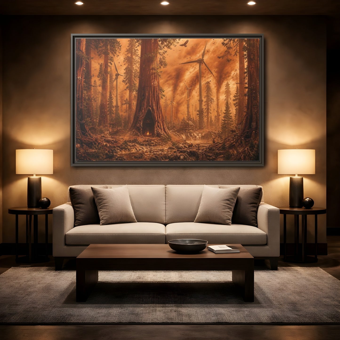Mockup 2. Redwood Sandstorm And Windmills shown as framed canvas print