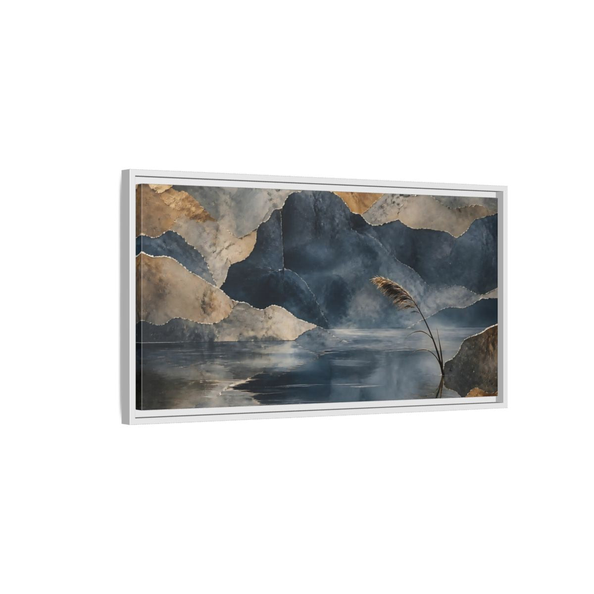 Side Mockup 1. Reed By Indigo Lake shown as framed canvas print