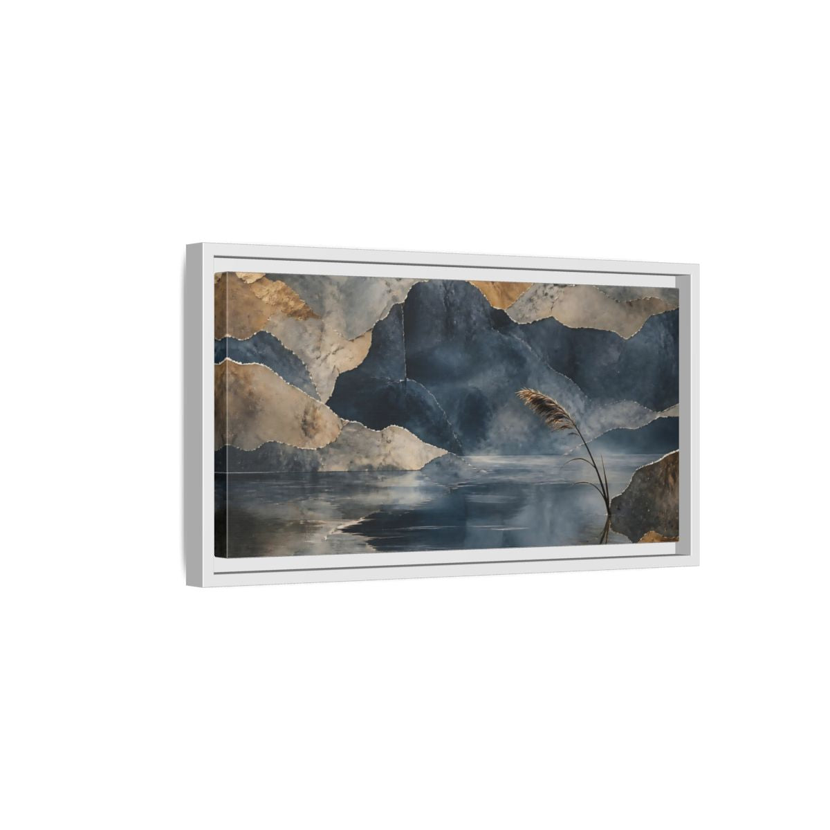 Side Mockup 6. Reed By Indigo Lake shown as framed canvas print