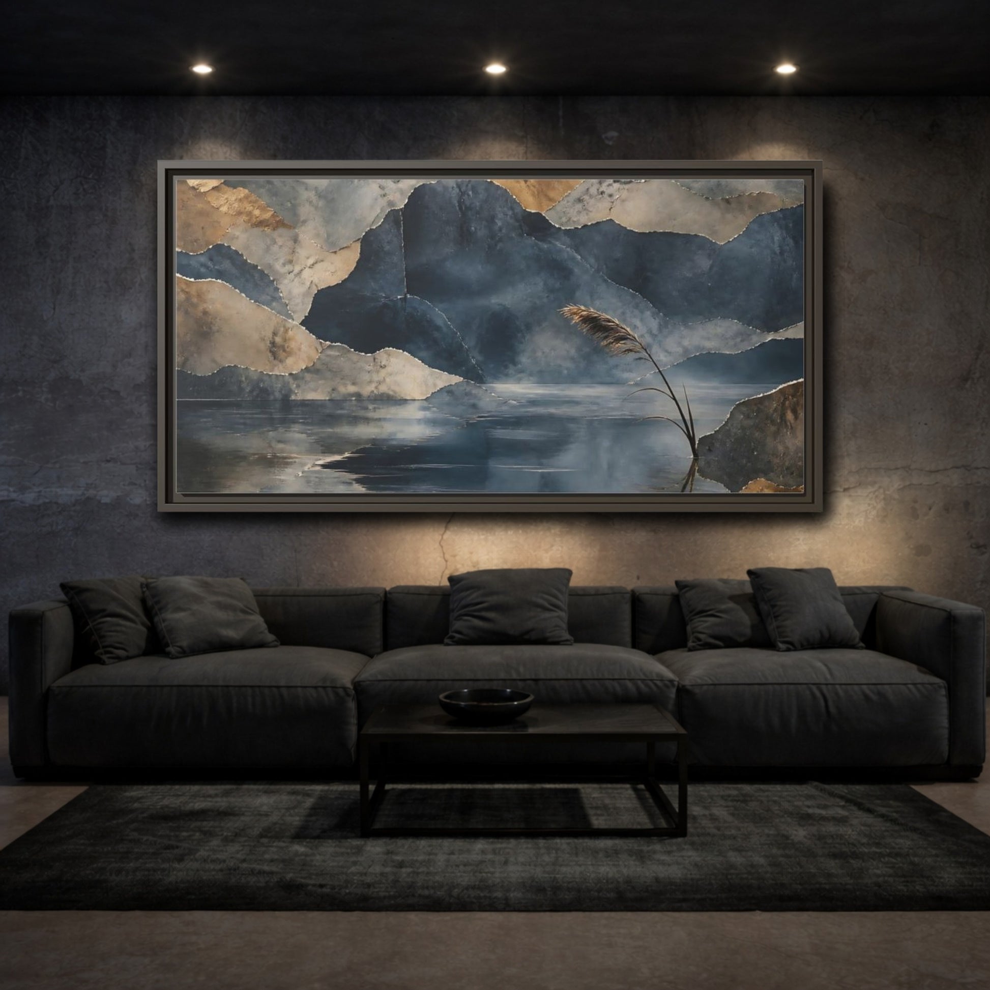 Mockup 3. Reed By Indigo Lake shown as framed canvas print