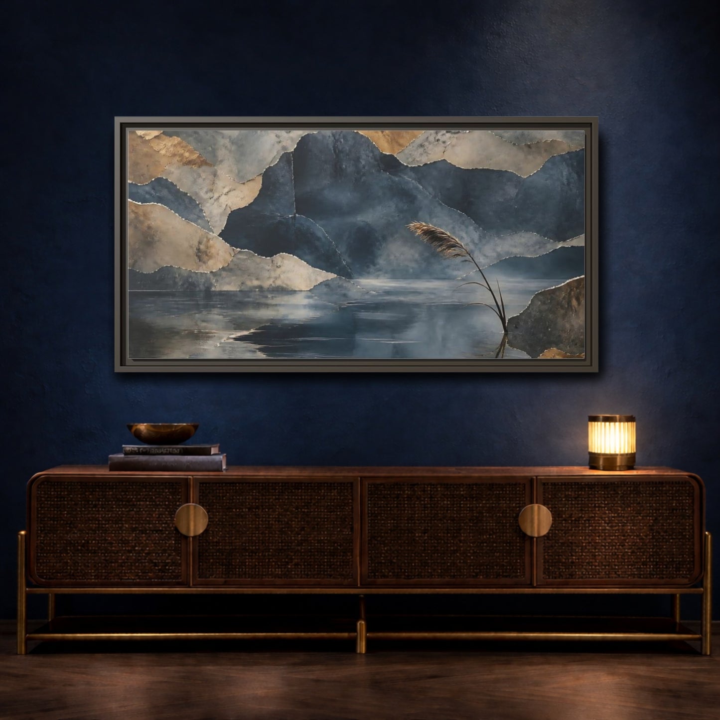 Mockup 4. Reed By Indigo Lake shown as framed canvas print