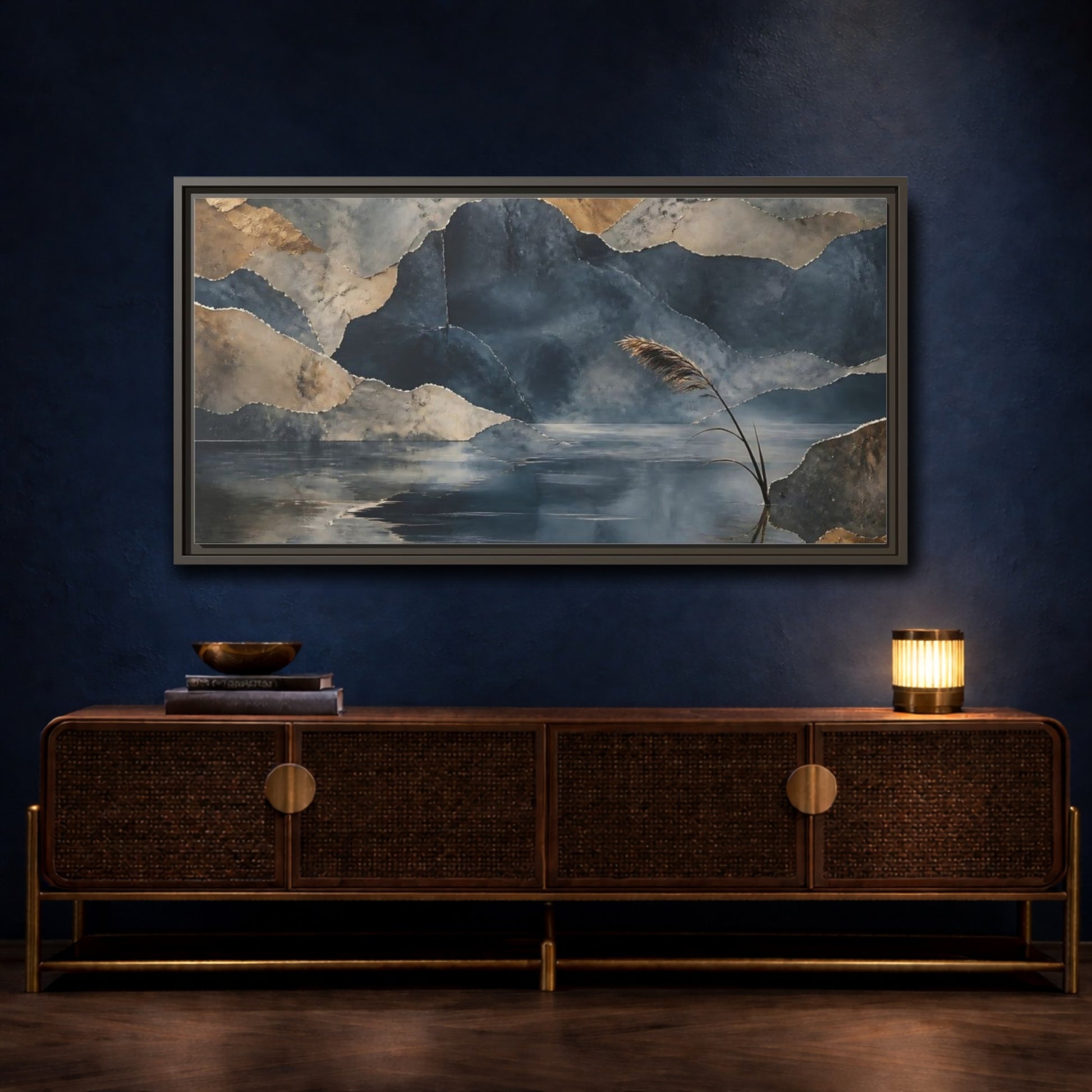Mockup 4. Reed By Indigo Lake shown as framed canvas print