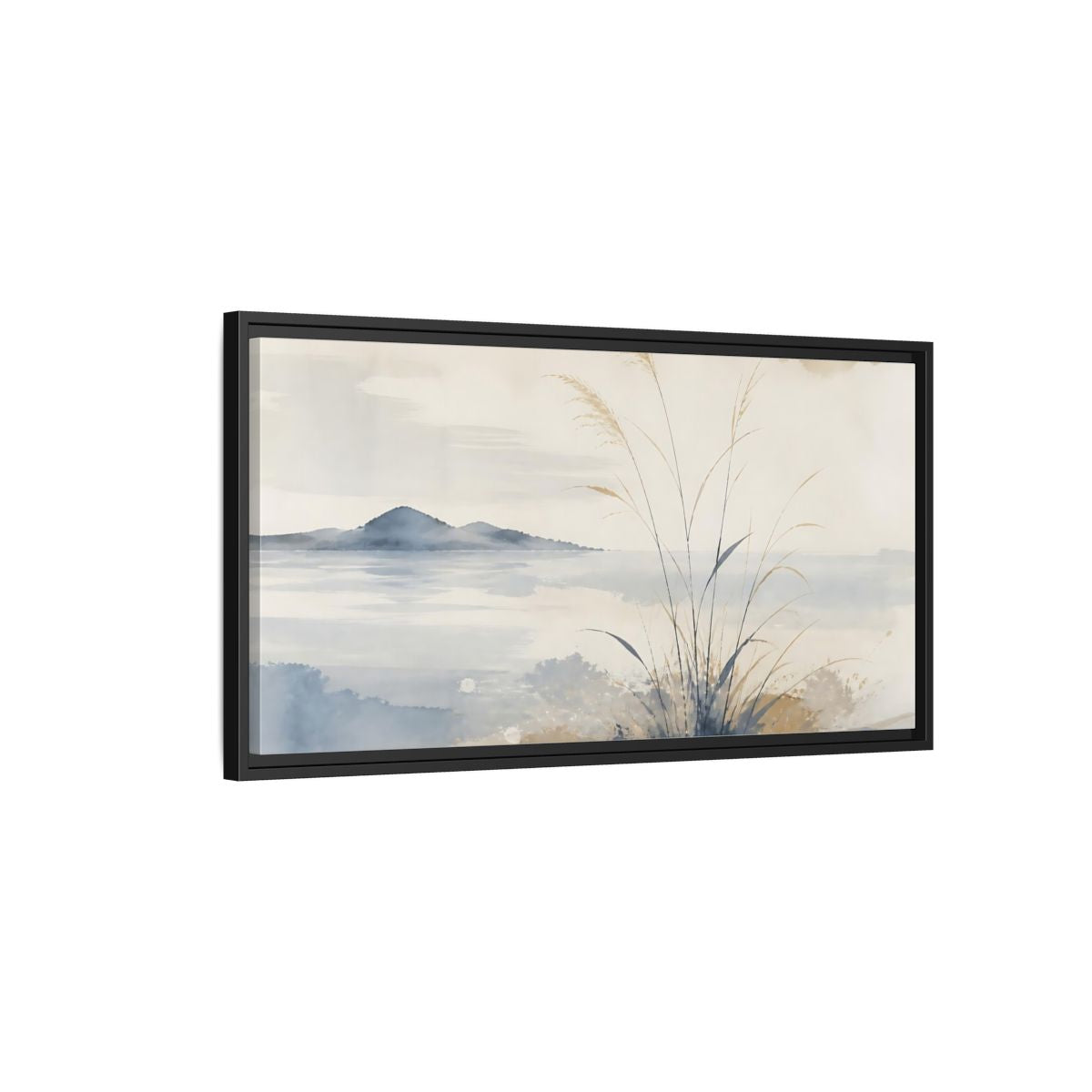 Side Mockup 2. Reeds By Distant Island shown as framed canvas print