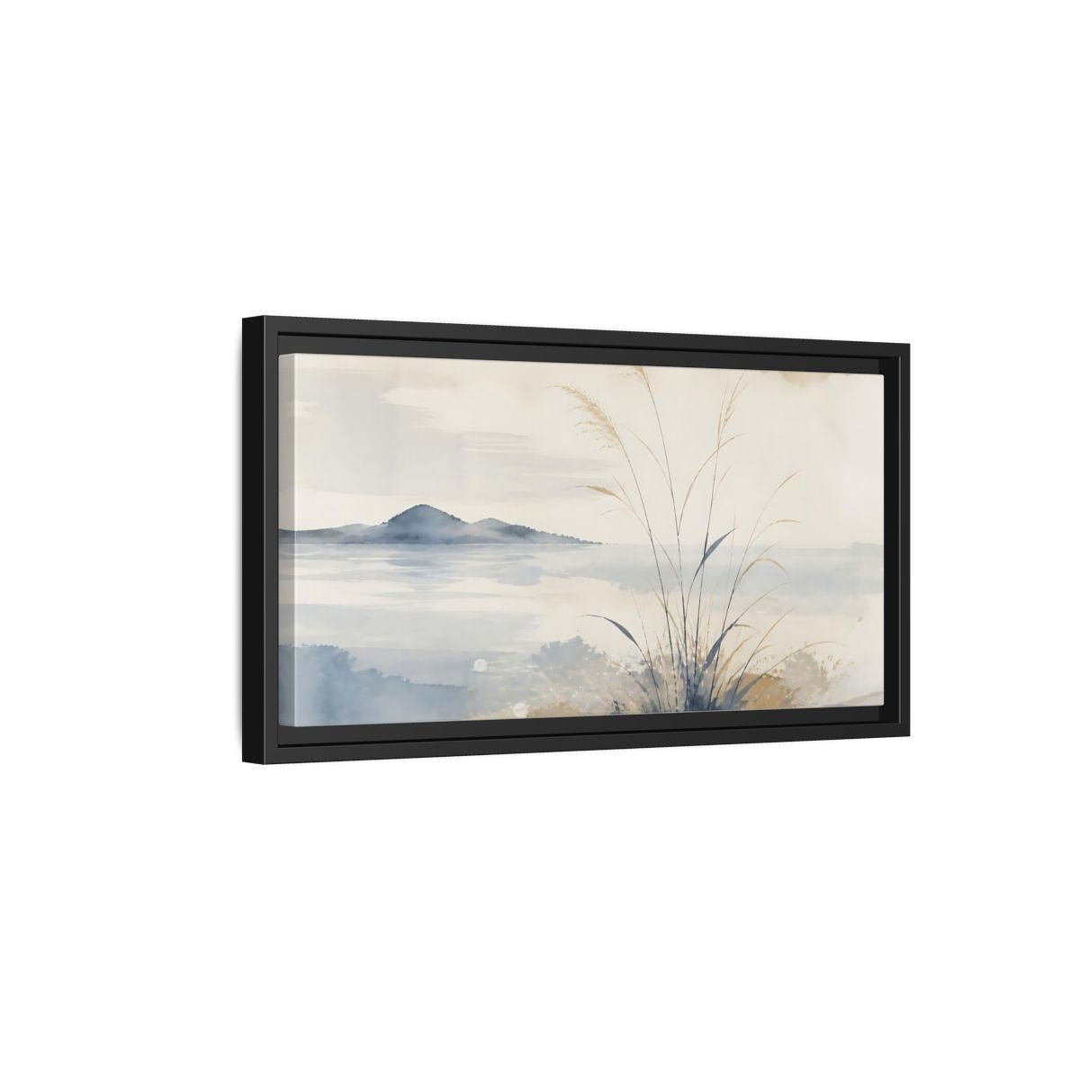 Side Mockup 8. Reeds By Distant Island shown as framed canvas print