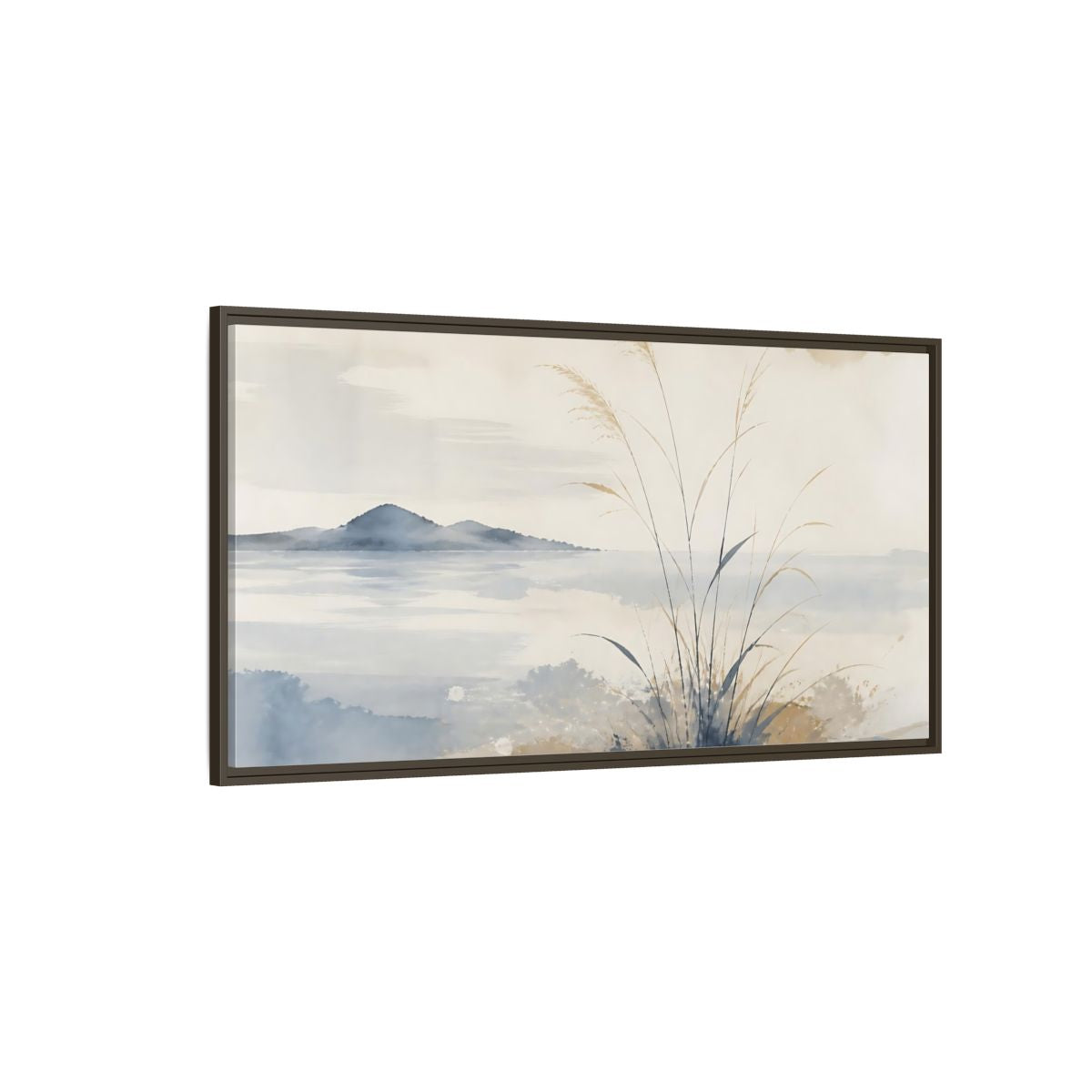 Side Mockup 4. Reeds By Distant Island shown as framed canvas print