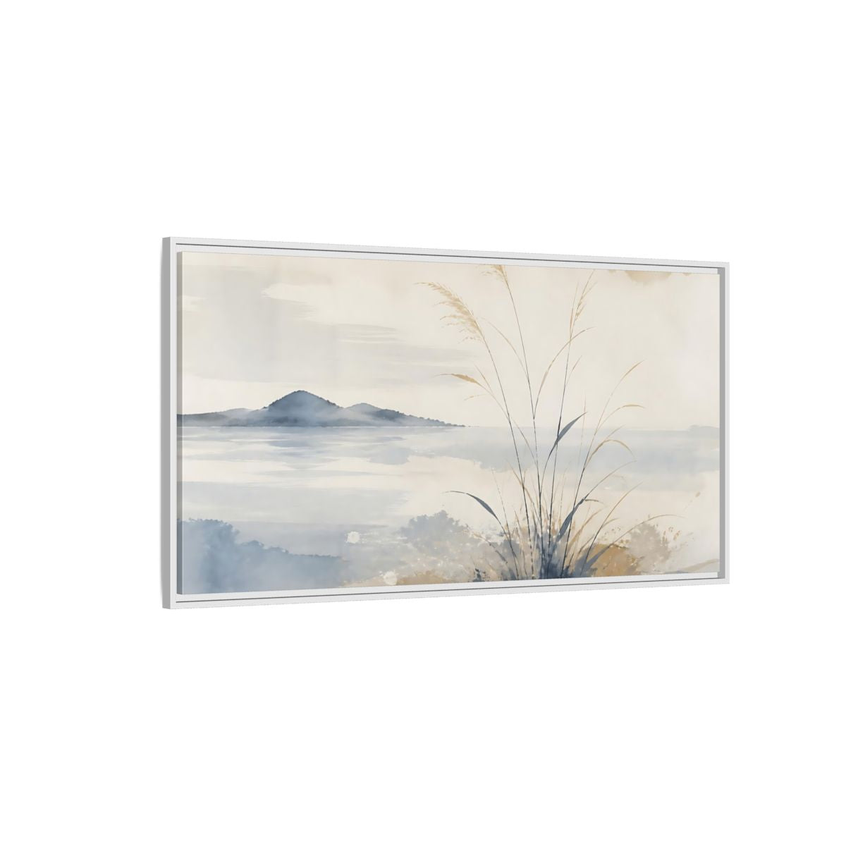 Side Mockup 3. Reeds By Distant Island shown as framed canvas print