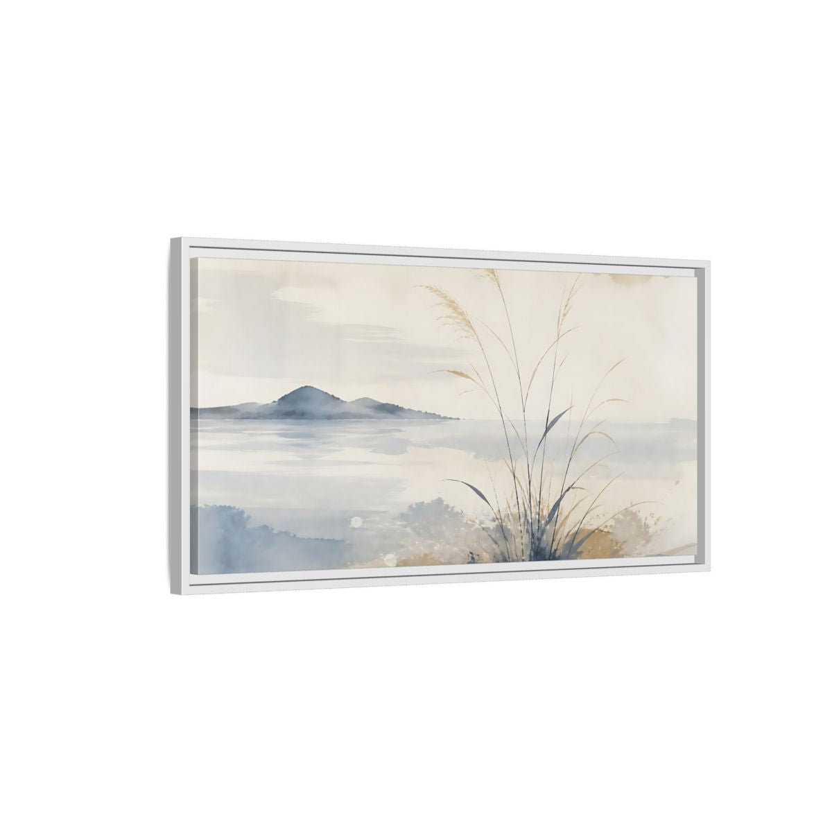 Side Mockup 1. Reeds By Distant Island shown as framed canvas print