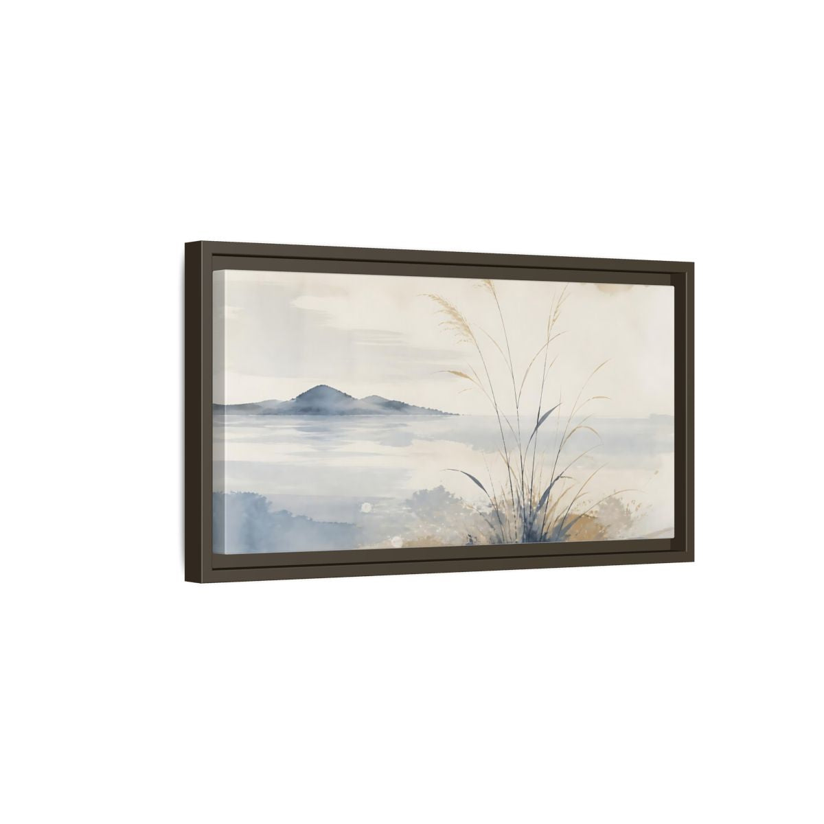 Side Mockup 7. Reeds By Distant Island shown as framed canvas print