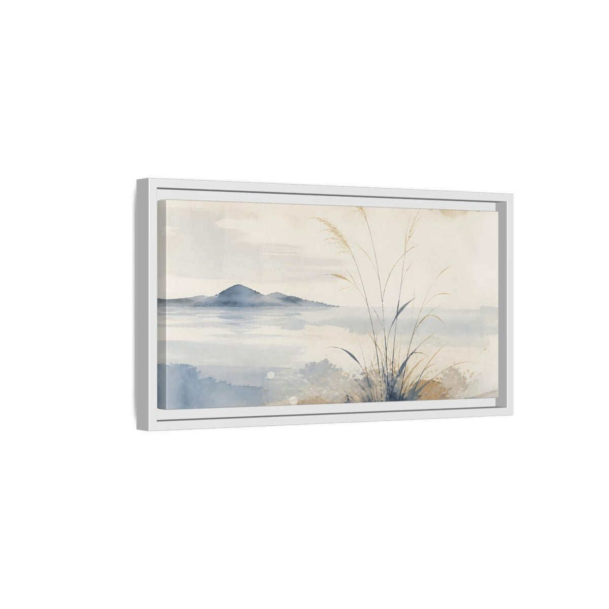 Side Mockup 6. Reeds By Distant Island shown as framed canvas print