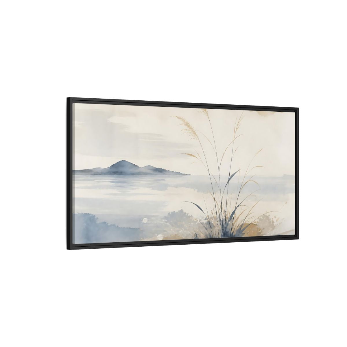 Side Mockup 5. Reeds By Distant Island shown as framed canvas print