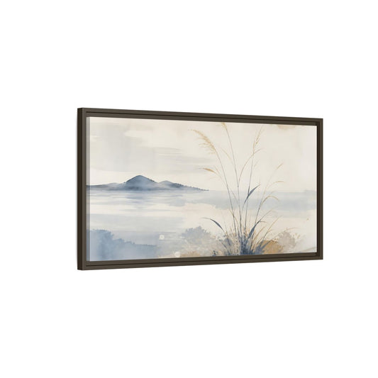 Main Mockup. Reeds By Distant Island shown as framed canvas print