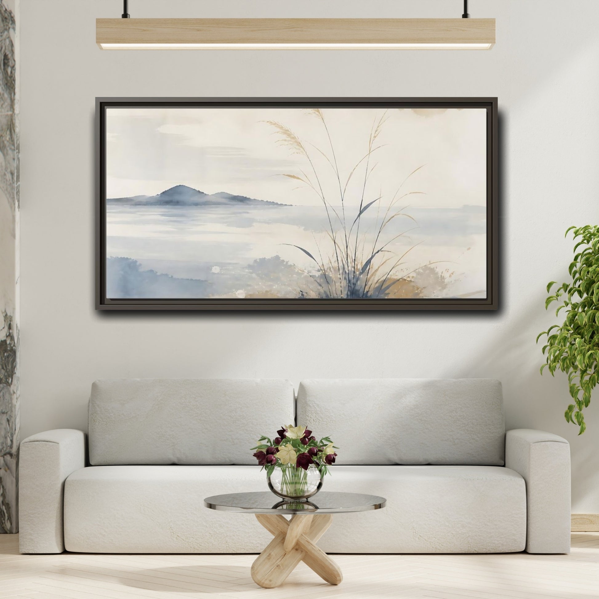 Mockup 2. Reeds By Distant Island shown as framed canvas print