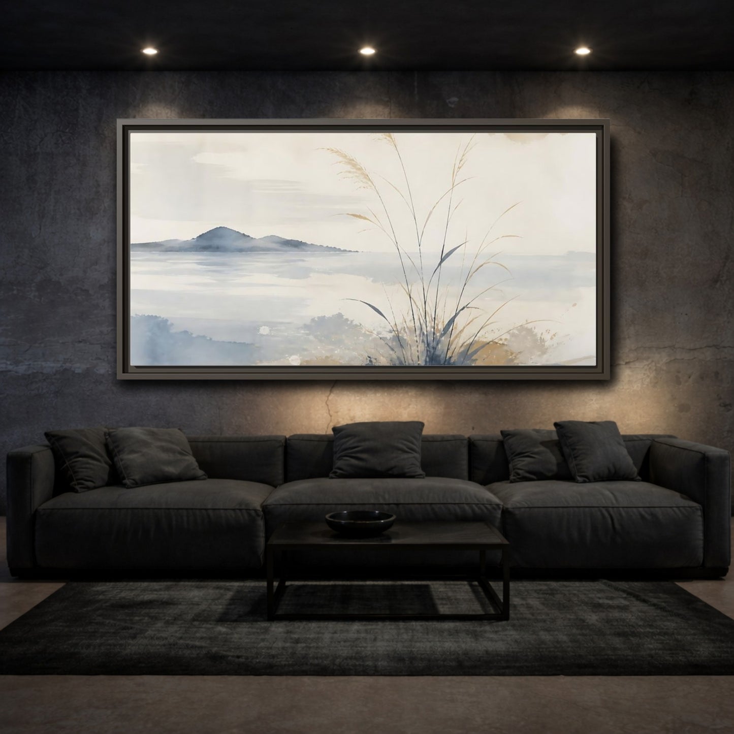 Mockup 3. Reeds By Distant Island shown as framed canvas print