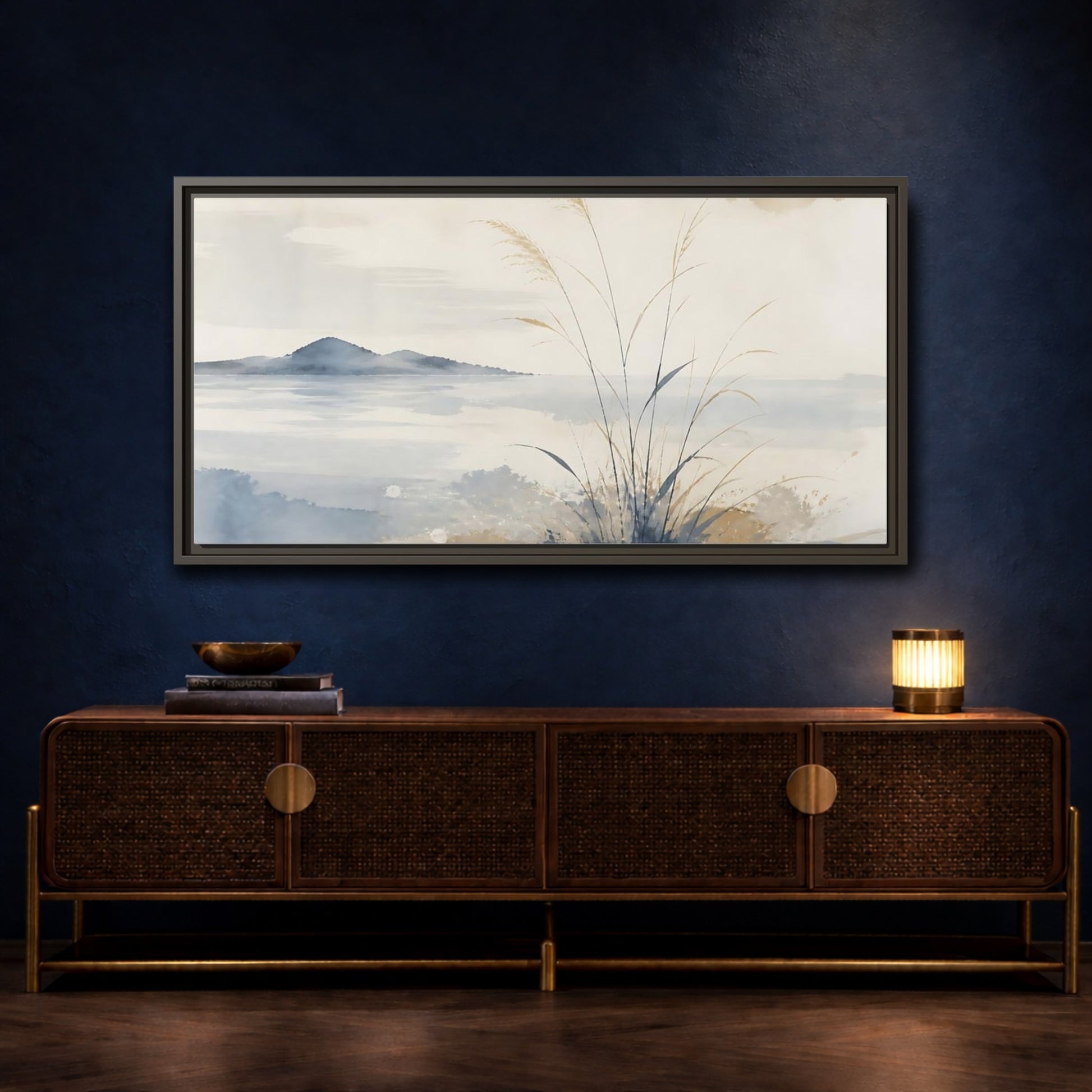 Mockup 4. Reeds By Distant Island shown as framed canvas print