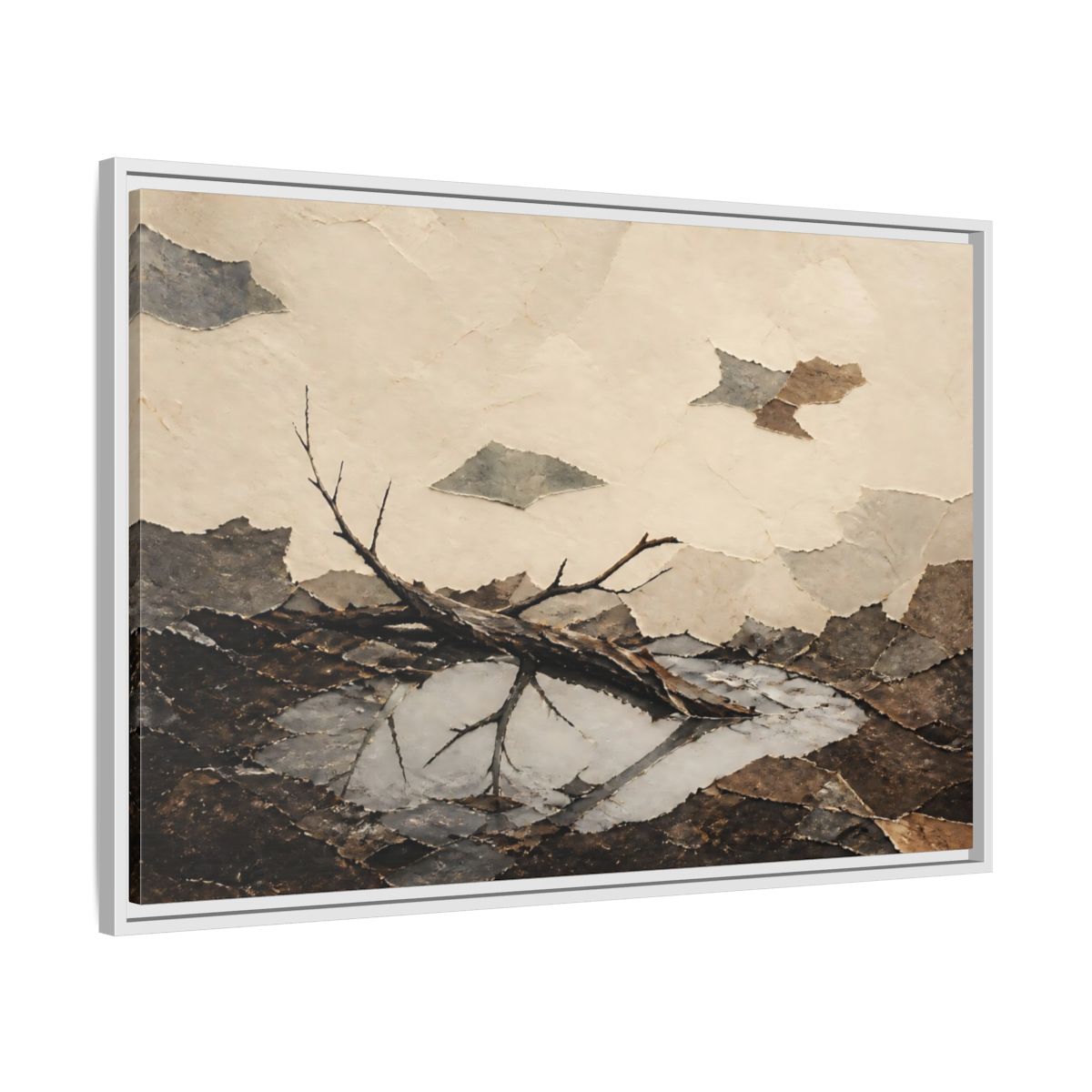 Side Mockup 9. Reflected Broken Branch shown as framed canvas print