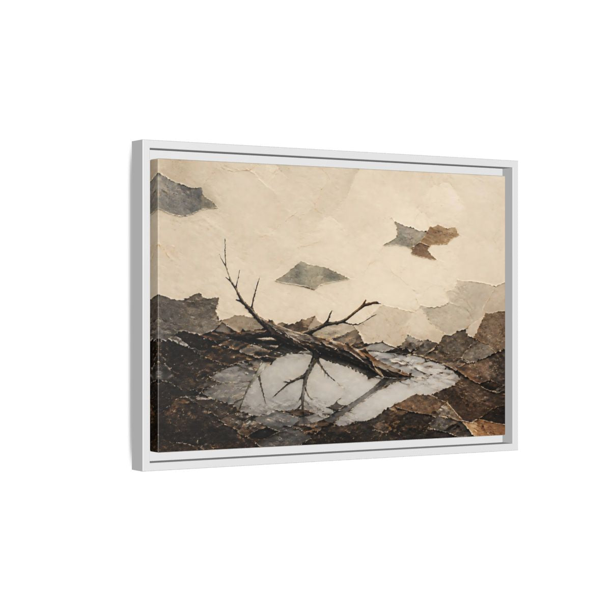 Side Mockup 1. Reflected Broken Branch shown as framed canvas print