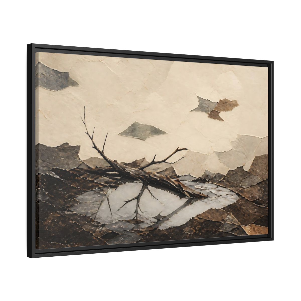 Side Mockup 13. Reflected Broken Branch shown as framed canvas print
