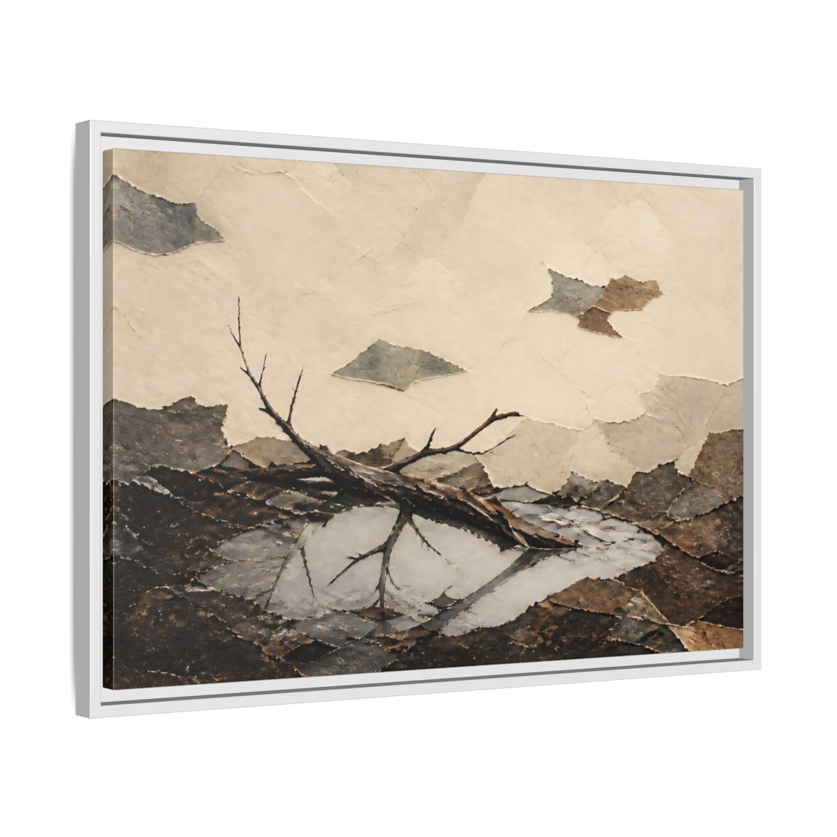 Side Mockup 10. Reflected Broken Branch shown as framed canvas print