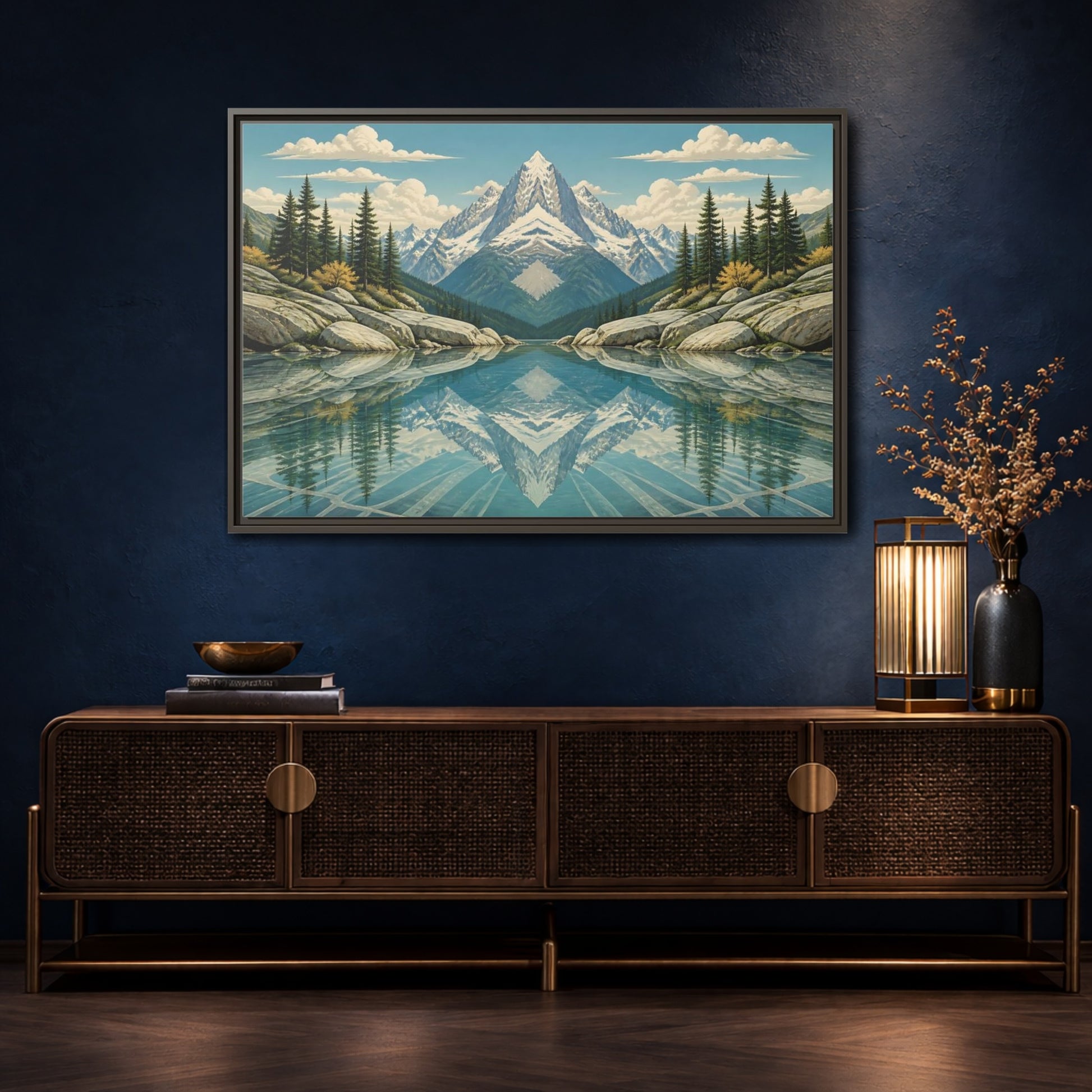 Mockup 4. Reflected Mountain Lake shown as framed canvas print